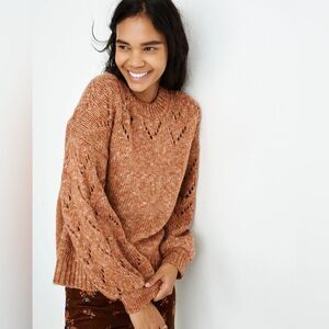 Madewell Pointelle Bubble-Sleeve Pullover Sweater Rust Brown Terra Cotta Medium